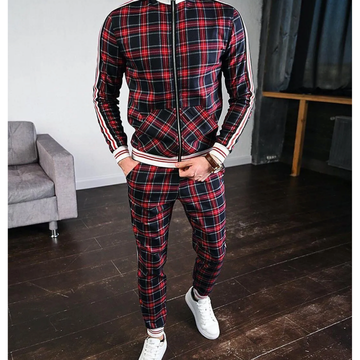 Herren kariertes Trainingsanzug Set, zweiteilig mit Reißverschluss, sportlich-elegant, Jacke und Hose in harmonischem Design.