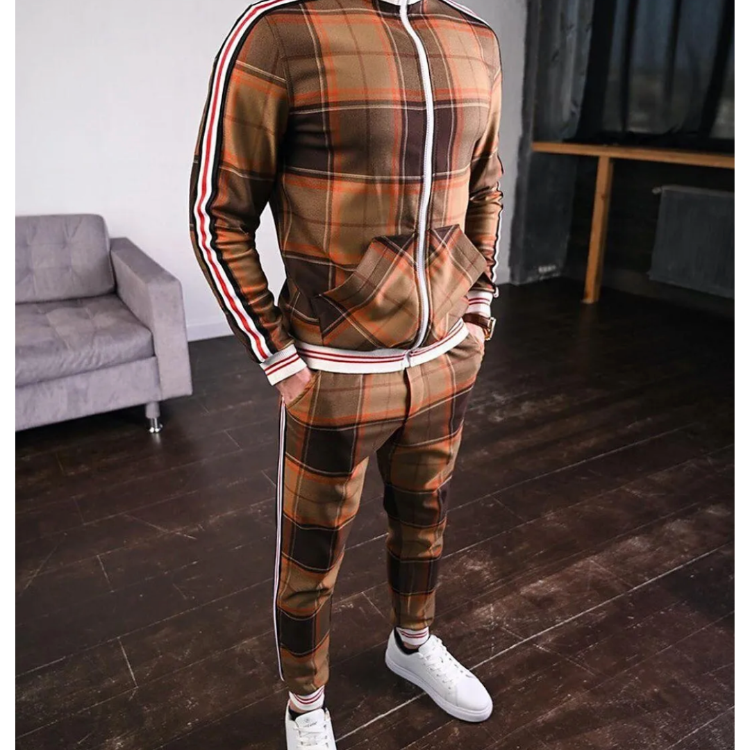 Herren kariertes Trainingsanzug Set, zweiteilig mit Reißverschluss, sportlich-elegant, Jacke und Hose in harmonischem Design.