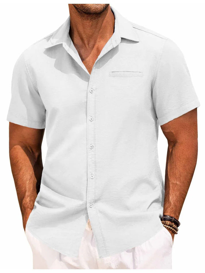 "Herren Kurzarmhemd S-3XL in modernem Schnitt aus Baumwolle und Leinen, elegantes Design in Blau für Büro oder Freizeit."
