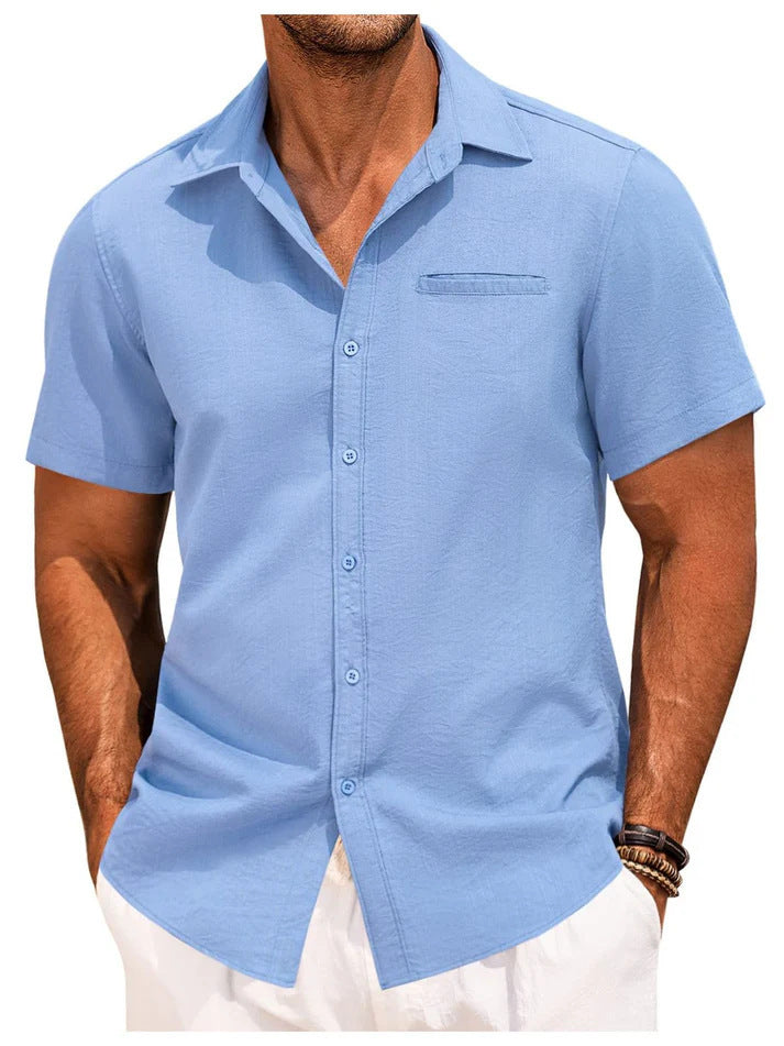 "Herren Kurzarmhemd S-3XL in modernem Schnitt aus Baumwolle und Leinen, elegantes Design in Blau für Büro oder Freizeit."