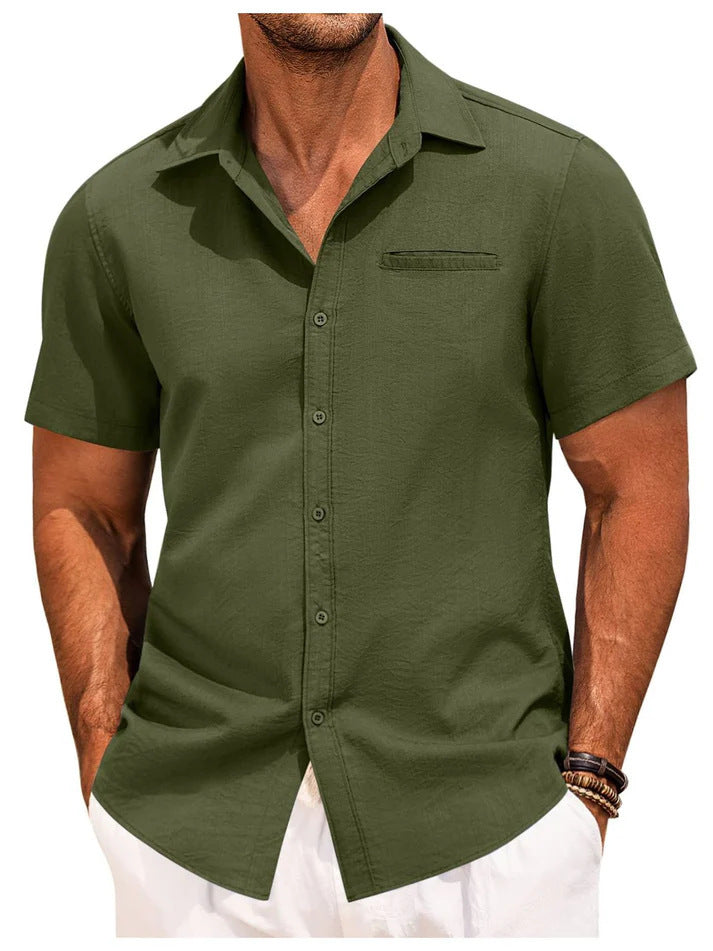 "Herren Kurzarmhemd S-3XL in modernem Schnitt aus Baumwolle und Leinen, elegantes Design in Blau für Büro oder Freizeit."