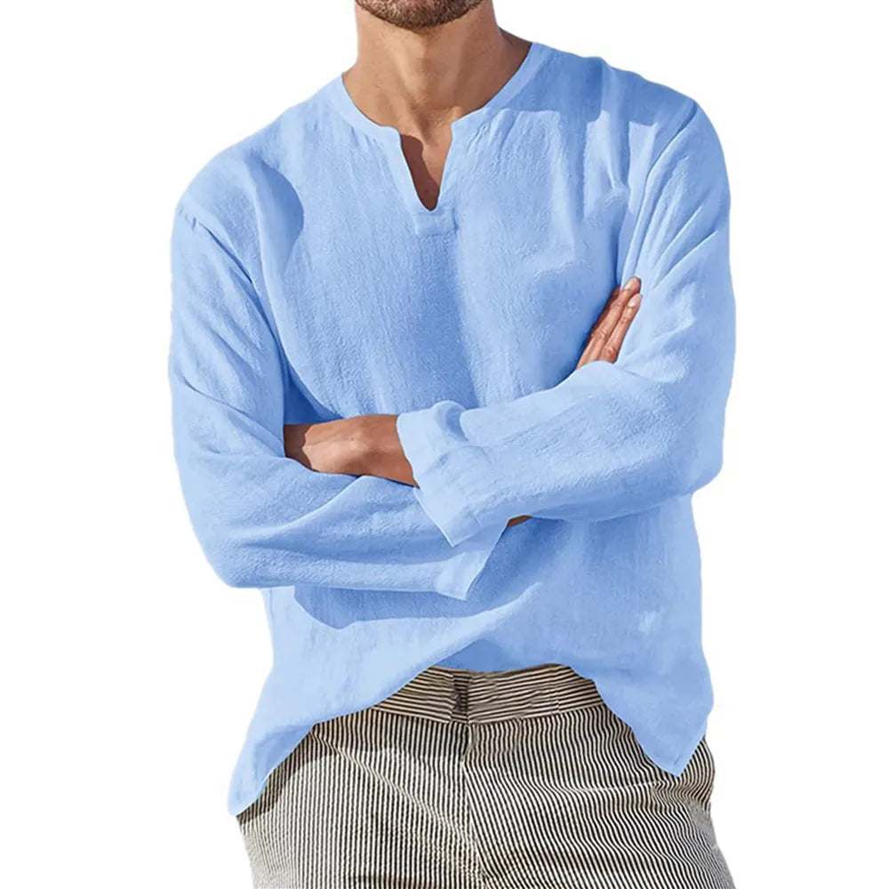 "Herren Langarm Shirt in Weiß, luftiges Material, modernes Design, ideal für Sommer, Vorderansicht"