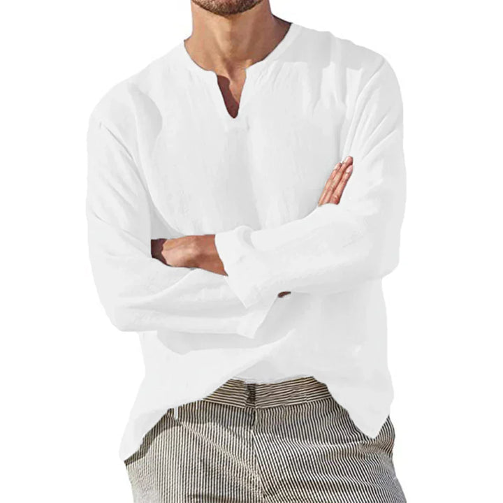 "Herren Langarm Shirt in Weiß, luftiges Material, modernes Design, ideal für Sommer, Vorderansicht"