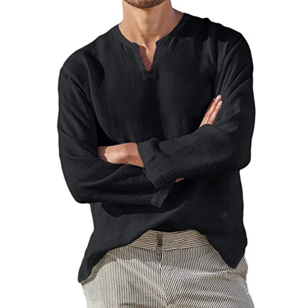 "Herren Langarm Shirt in Weiß, luftiges Material, modernes Design, ideal für Sommer, Vorderansicht"