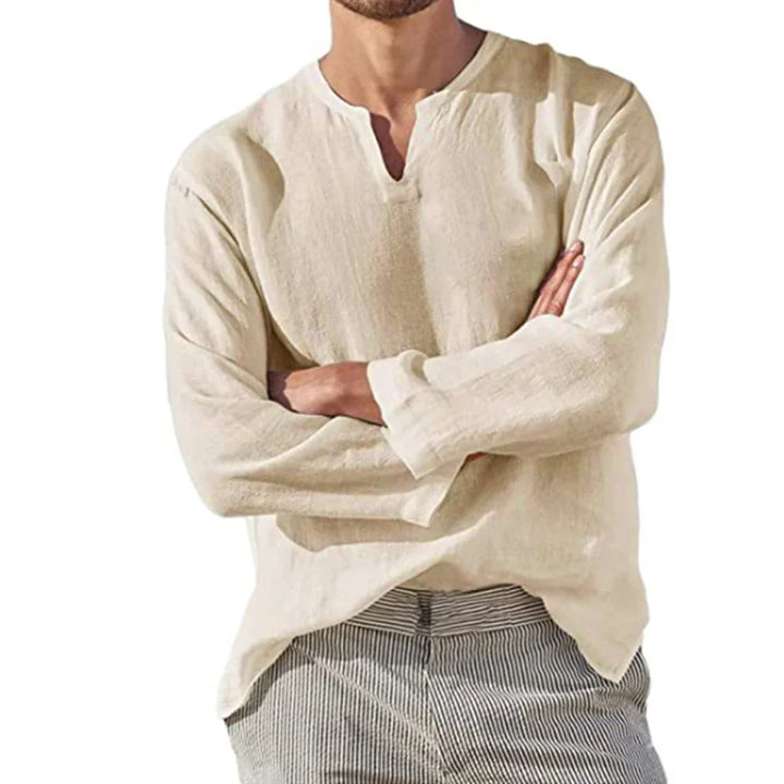 "Herren Langarm Shirt in Weiß, luftiges Material, modernes Design, ideal für Sommer, Vorderansicht"