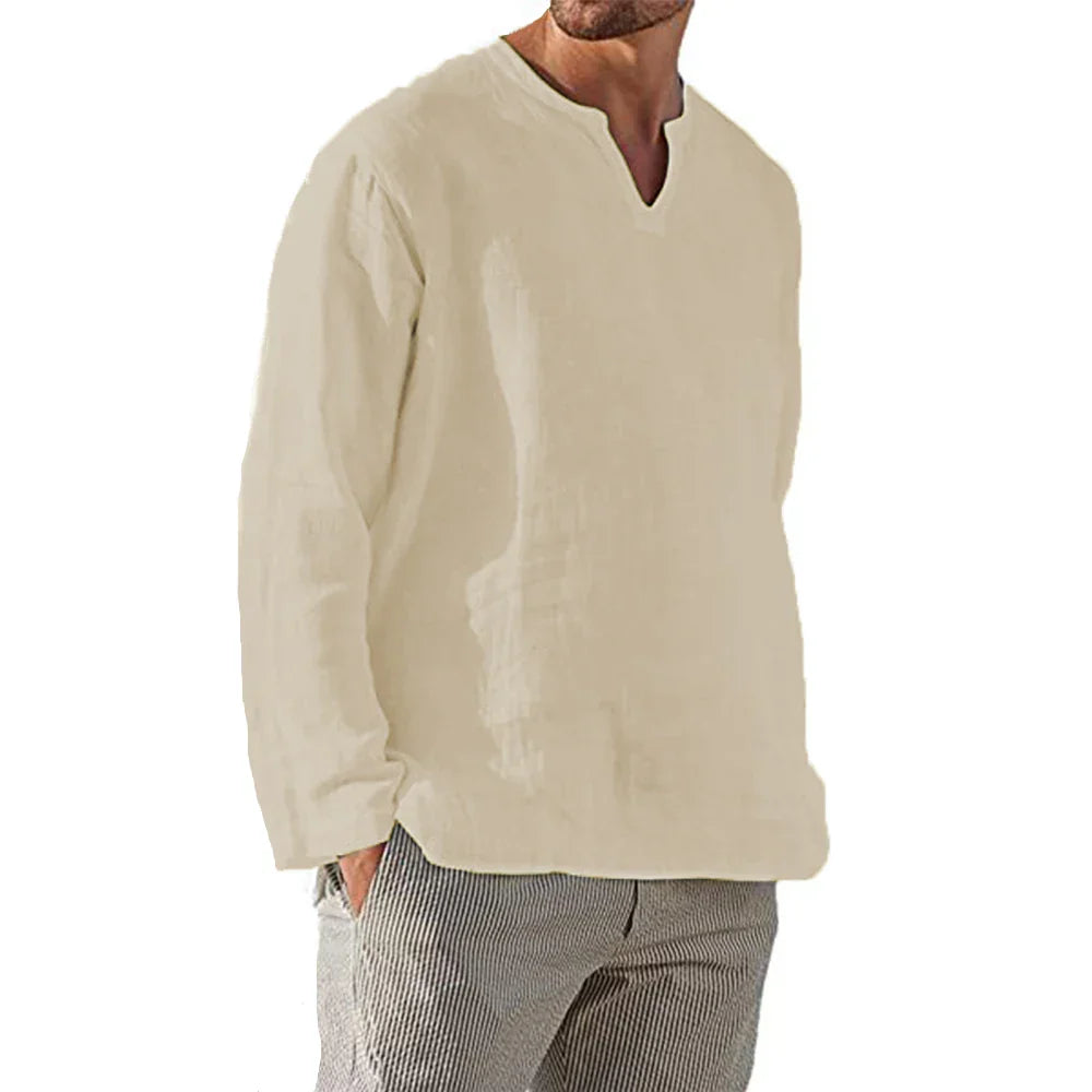 "Herren Langarm Shirt in Weiß, luftiges Material, modernes Design, ideal für Sommer, Vorderansicht"