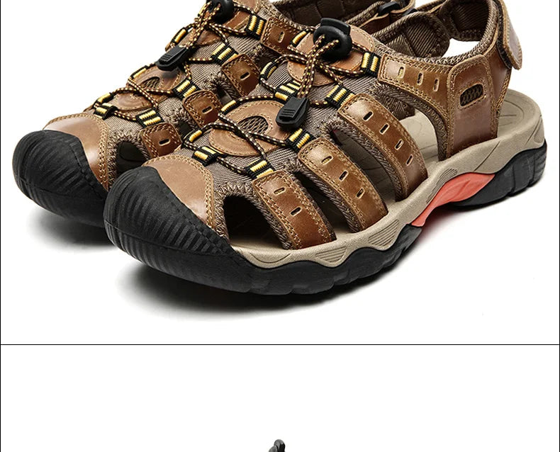 "Herren Leder Outdoor Sandalen, braun, robust, bequem, für Trekking & Strand, mit rutschfester Gummisohle."