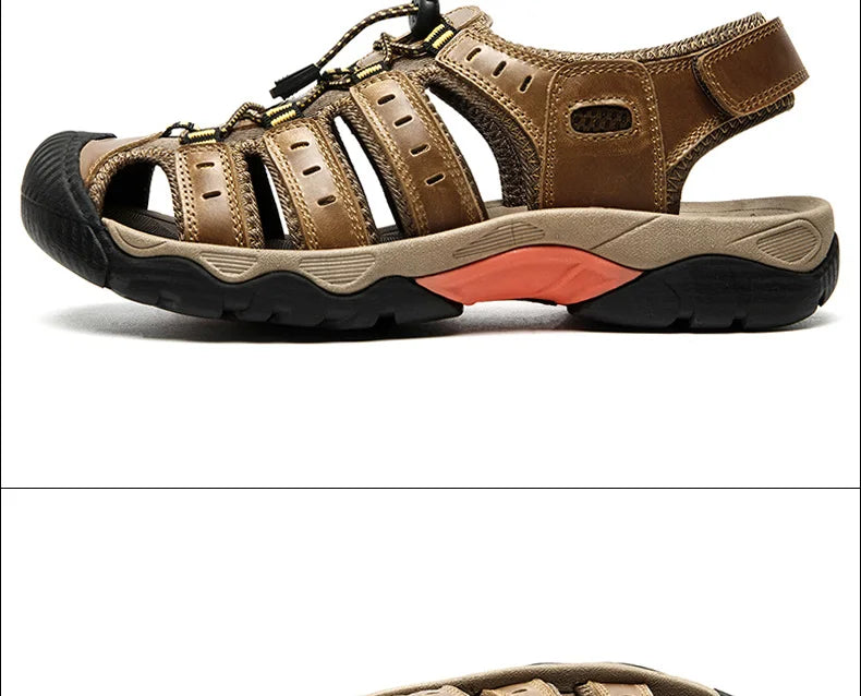 "Herren Leder Outdoor Sandalen, braun, robust, bequem, für Trekking & Strand, mit rutschfester Gummisohle."