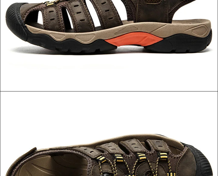 "Herren Leder Outdoor Sandalen, braun, robust, bequem, für Trekking & Strand, mit rutschfester Gummisohle."