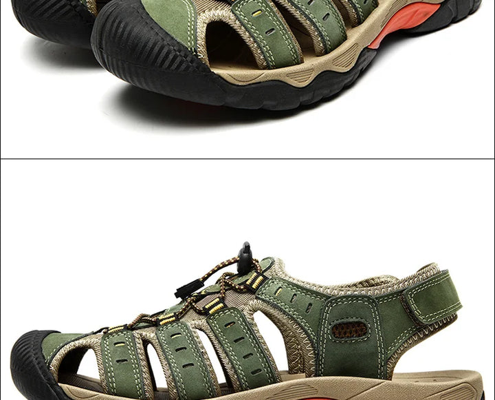 "Herren Leder Outdoor Sandalen, braun, robust, bequem, für Trekking & Strand, mit rutschfester Gummisohle."