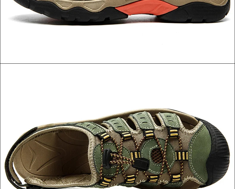 "Herren Leder Outdoor Sandalen, braun, robust, bequem, für Trekking & Strand, mit rutschfester Gummisohle."