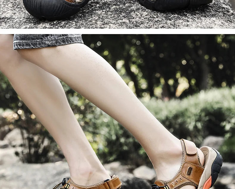 "Herren Leder Outdoor Sandalen, braun, robust, bequem, für Trekking & Strand, mit rutschfester Gummisohle."