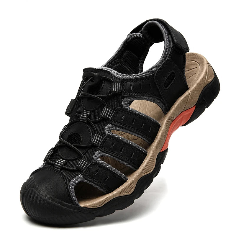 "Herren Leder Outdoor Sandalen, braun, robust, bequem, für Trekking & Strand, mit rutschfester Gummisohle."