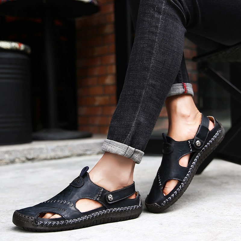 "Herren Leder Sandalen mit doppeltem Band, atmungsaktiv und langlebig, tragbar als Slipper oder Römersandale, ideal für Somme