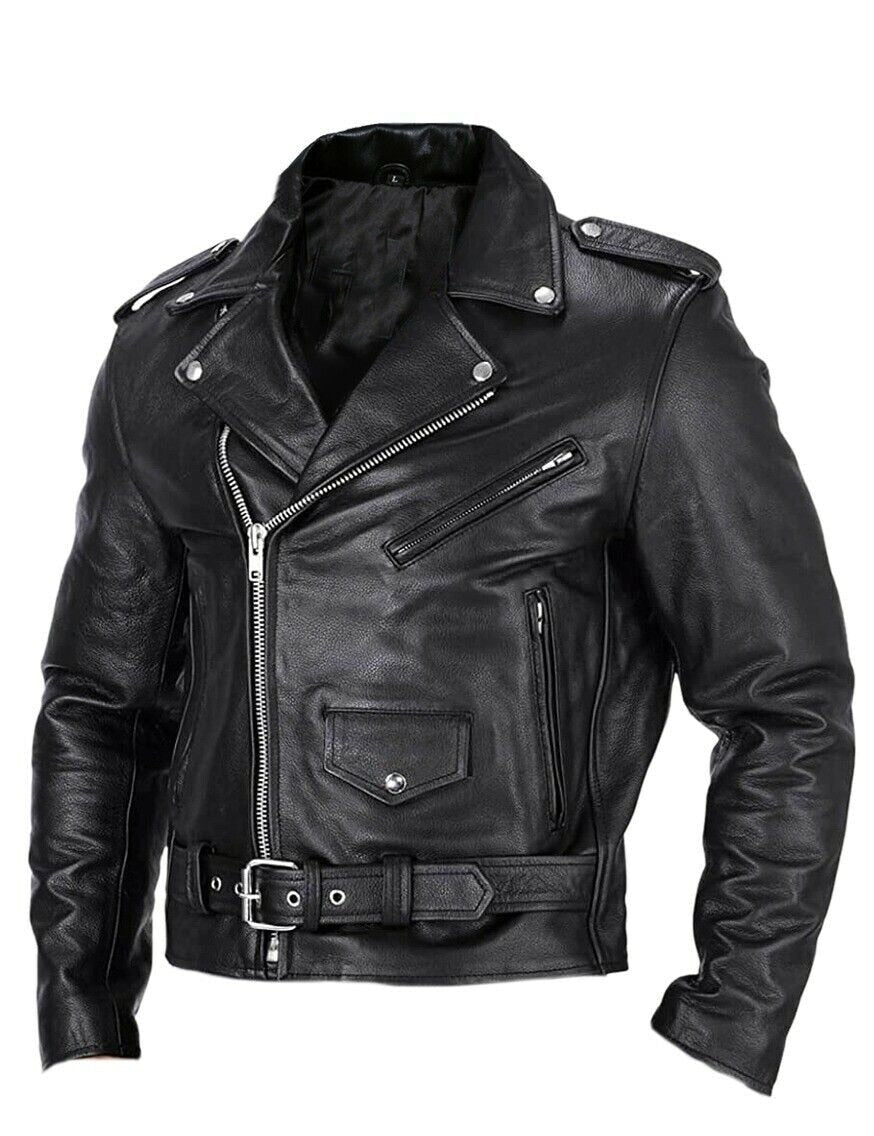 "Herren Lederjacke Slim Fit, winddicht, mit Stehkragen und schlanker Silhouette, ideal für Motorradfahrer."