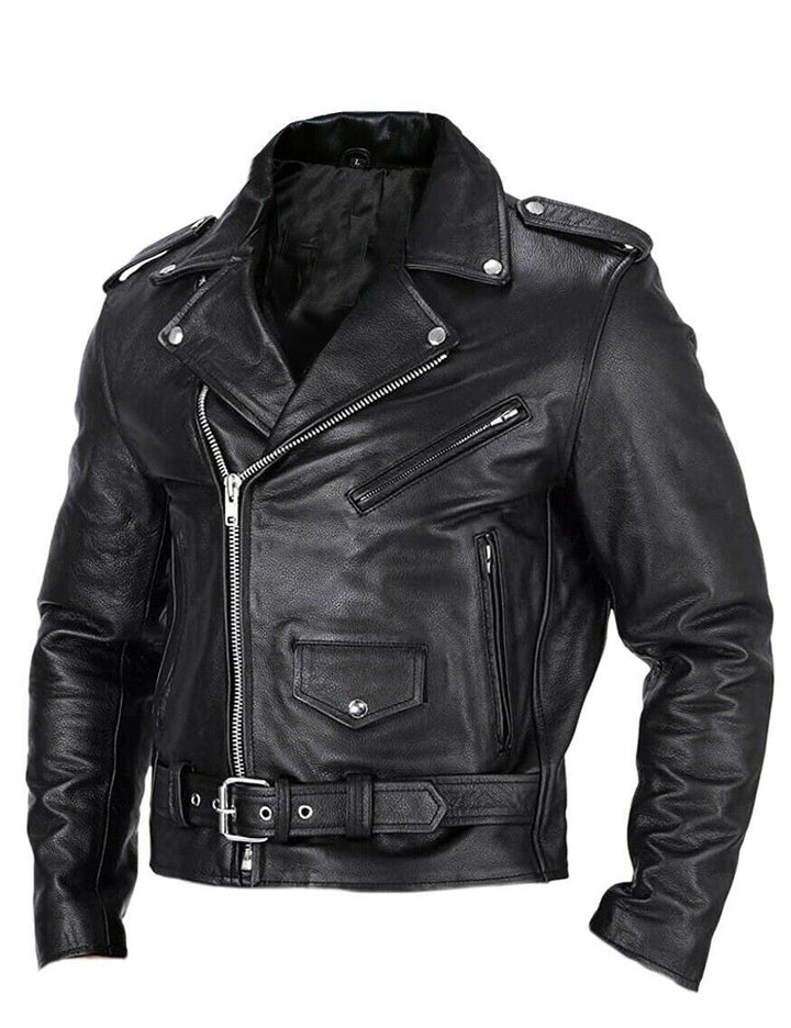"Herren Lederjacke Slim Fit, winddicht, mit Stehkragen und schlanker Silhouette, ideal für Motorradfahrer."