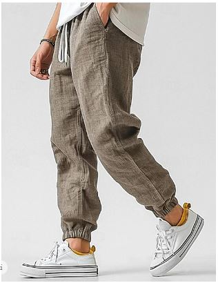 "Herren Leinen Cargohose in Beige, elegante Sommerhose, bequeme Passform mit Kordelzug und Taschen, ideal für warme Tage"