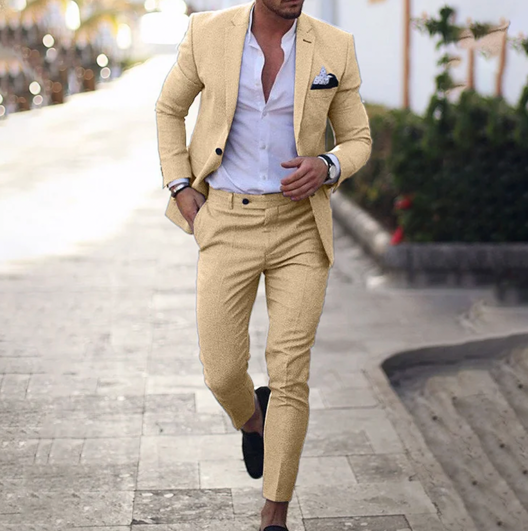 "Herren Leinenanzug in Beige, Dunkelblau und Grau, stilvolle Passform, Business-Casual Look, eleganter und komfortabler Anzug