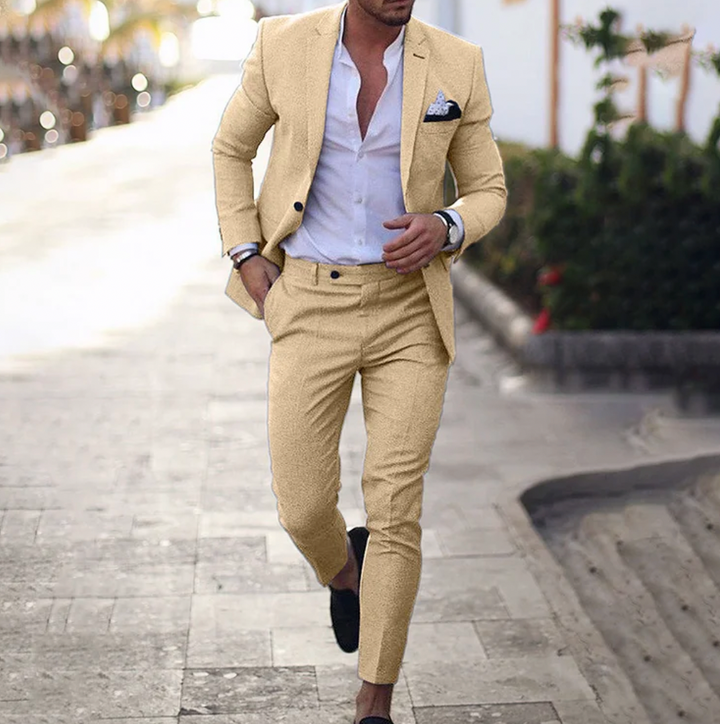 "Herren Leinenanzug in Beige, Dunkelblau und Grau, stilvolle Passform, Business-Casual Look, eleganter und komfortabler Anzug