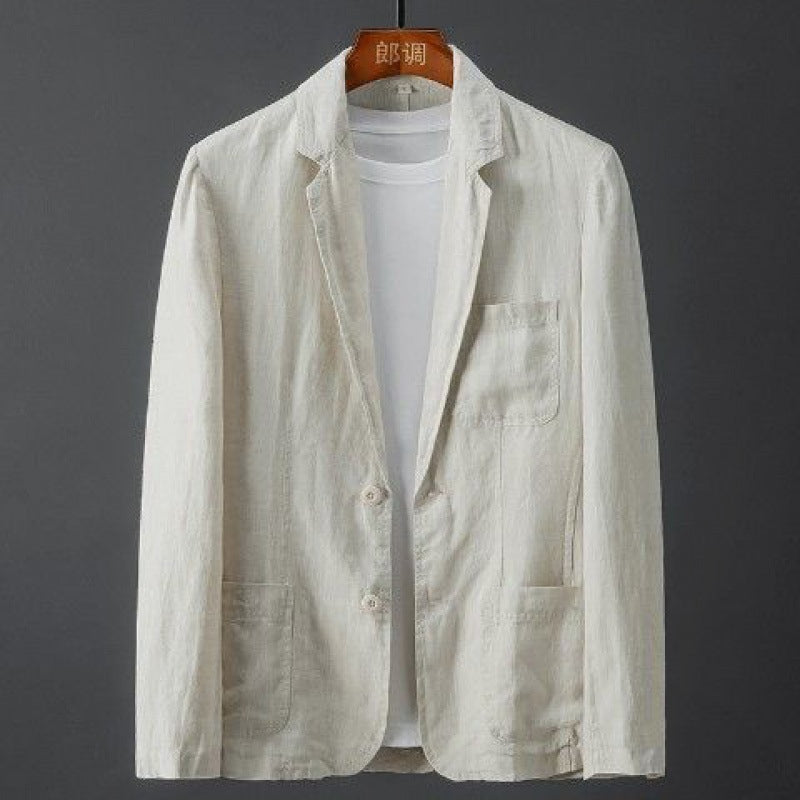 Herren Leinenblazer in Slim Fit, hellbeige, mit klassischem Reverskragen, leicht und atmungsaktiv für elegante Anlässe.