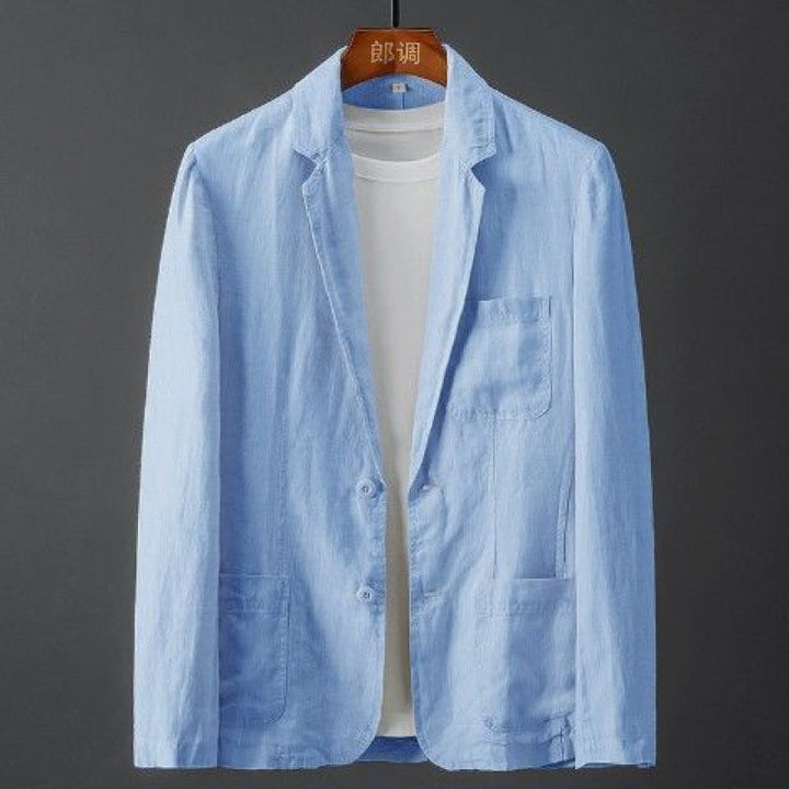Herren Leinenblazer in Slim Fit, hellbeige, mit klassischem Reverskragen, leicht und atmungsaktiv für elegante Anlässe.