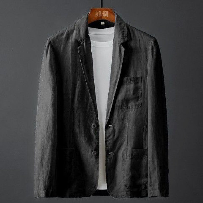 Herren Leinenblazer in Slim Fit, hellbeige, mit klassischem Reverskragen, leicht und atmungsaktiv für elegante Anlässe.