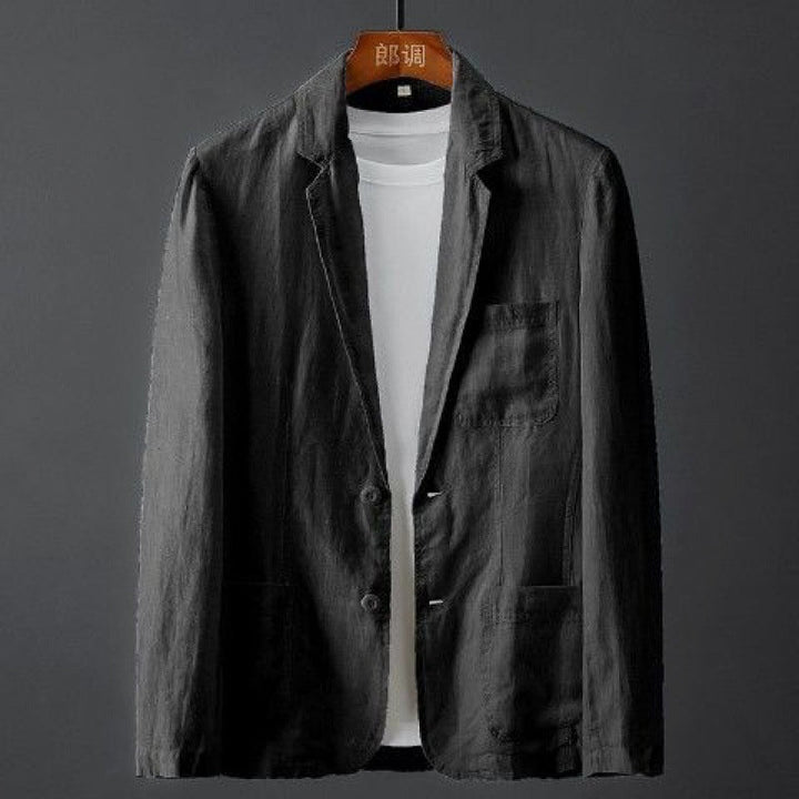 Herren Leinenblazer in Slim Fit, hellbeige, mit klassischem Reverskragen, leicht und atmungsaktiv für elegante Anlässe.