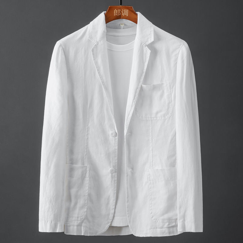 Herren Leinenblazer in Slim Fit, hellbeige, mit klassischem Reverskragen, leicht und atmungsaktiv für elegante Anlässe.