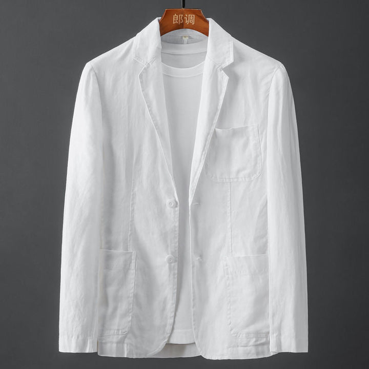 Herren Leinenblazer in Slim Fit, hellbeige, mit klassischem Reverskragen, leicht und atmungsaktiv für elegante Anlässe.