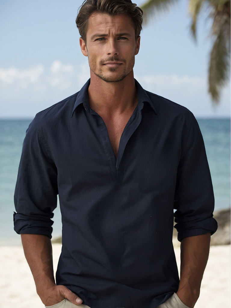 "Herren Leinenhemd, atmungsaktiv, in hellem Blau, ideal für Strand und Freizeit, leichtes und zeitloses Design."