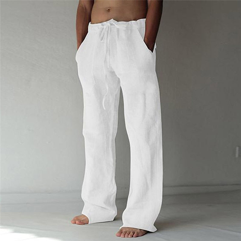 "Herren Leinenhose, atmungsaktiv, lässig, ideal für Sommer, beige, bequeme Passform, knöchellang, perfekt für warme Tage."