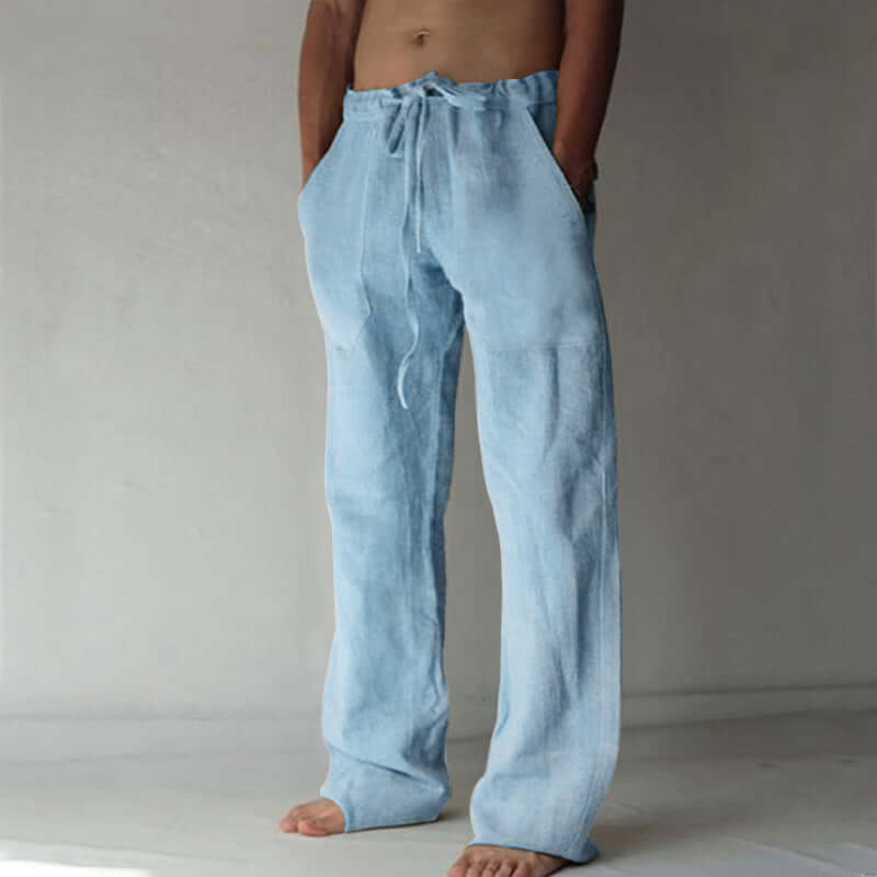 "Herren Leinenhose mit Kordelzug, locker geschnitten, in hellbeige, ideal für Sommer, atmungsaktiver Stoff."