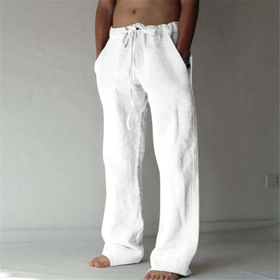 "Herren Leinenhose mit Kordelzug, locker geschnitten, in hellbeige, ideal für Sommer, atmungsaktiver Stoff."