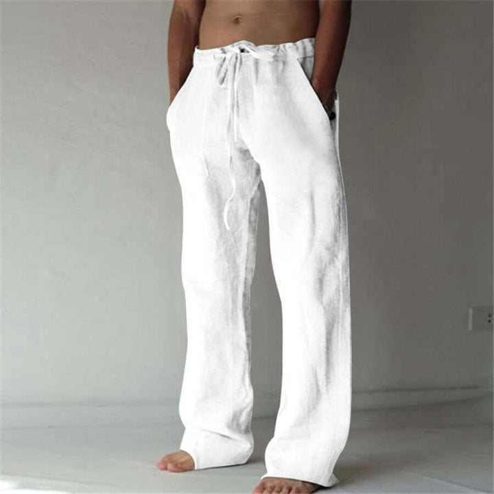 "Herren Leinenhose mit Kordelzug, locker geschnitten, in hellbeige, ideal für Sommer, atmungsaktiver Stoff."