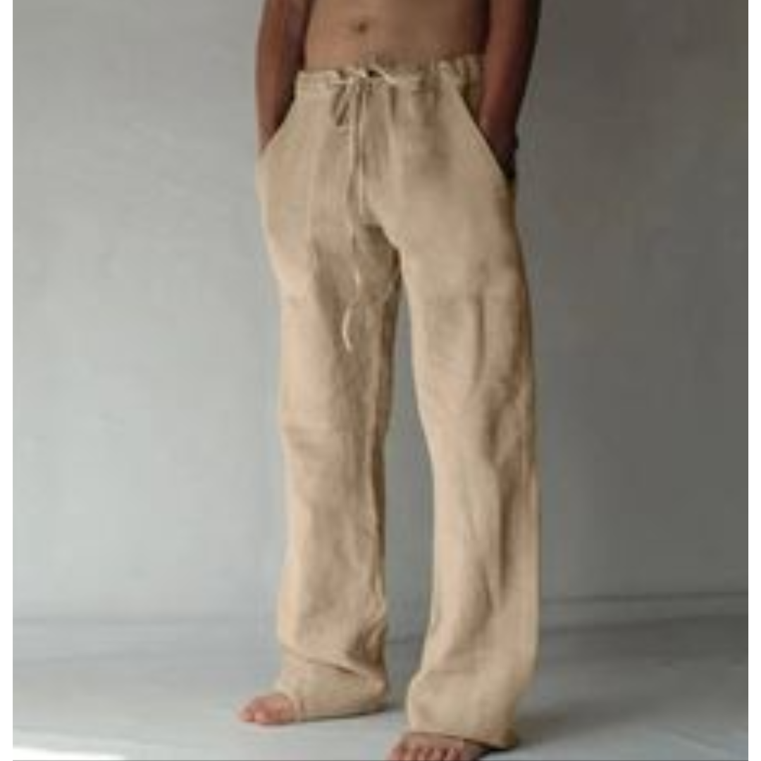 "Herren Leinenhose mit Kordelzug, locker geschnitten, in hellbeige, ideal für Sommer, atmungsaktiver Stoff."