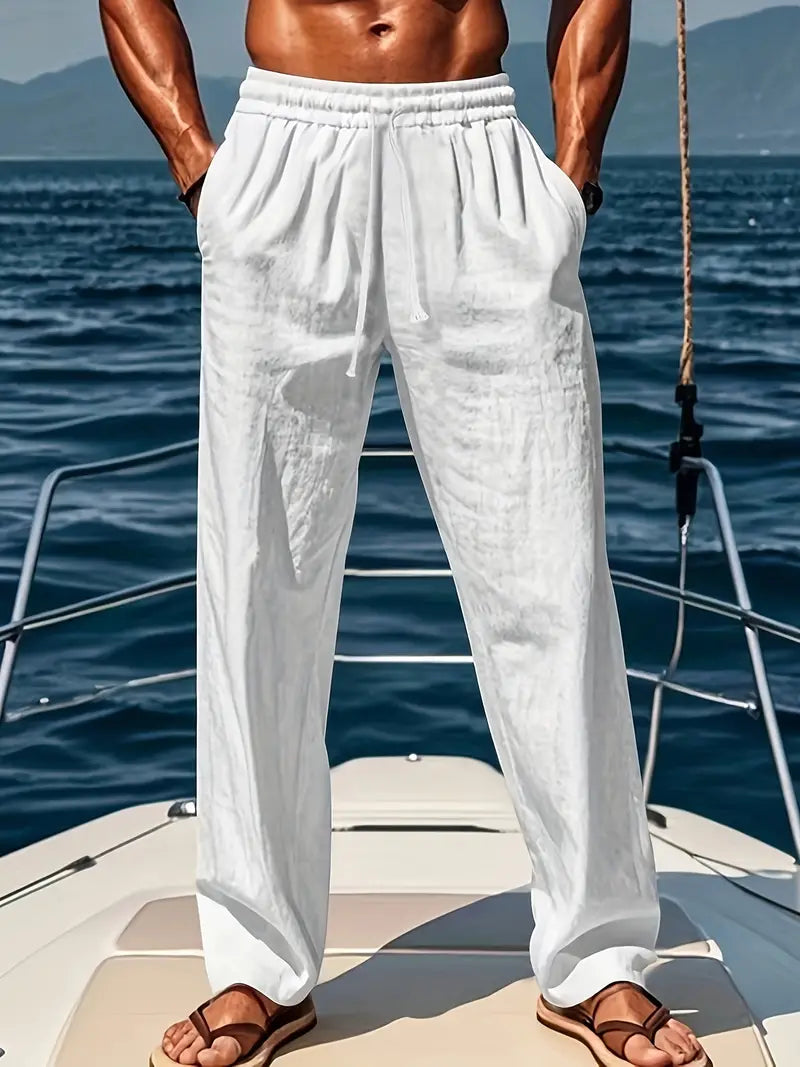 Herren Leinenhose, weite Passform, beige, luftig, eleganter Look, perfekt für Sommer, atmungsaktiv und bequem.