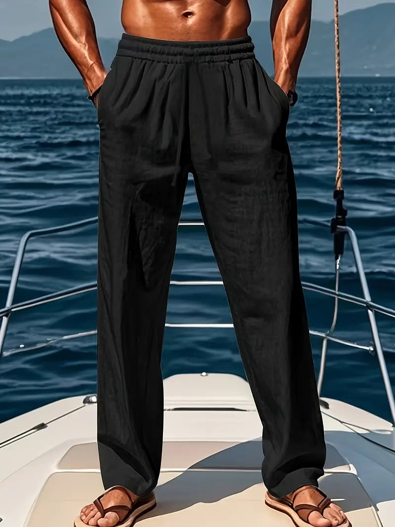 Herren Leinenhose, weite Passform, beige, luftig, eleganter Look, perfekt für Sommer, atmungsaktiv und bequem.