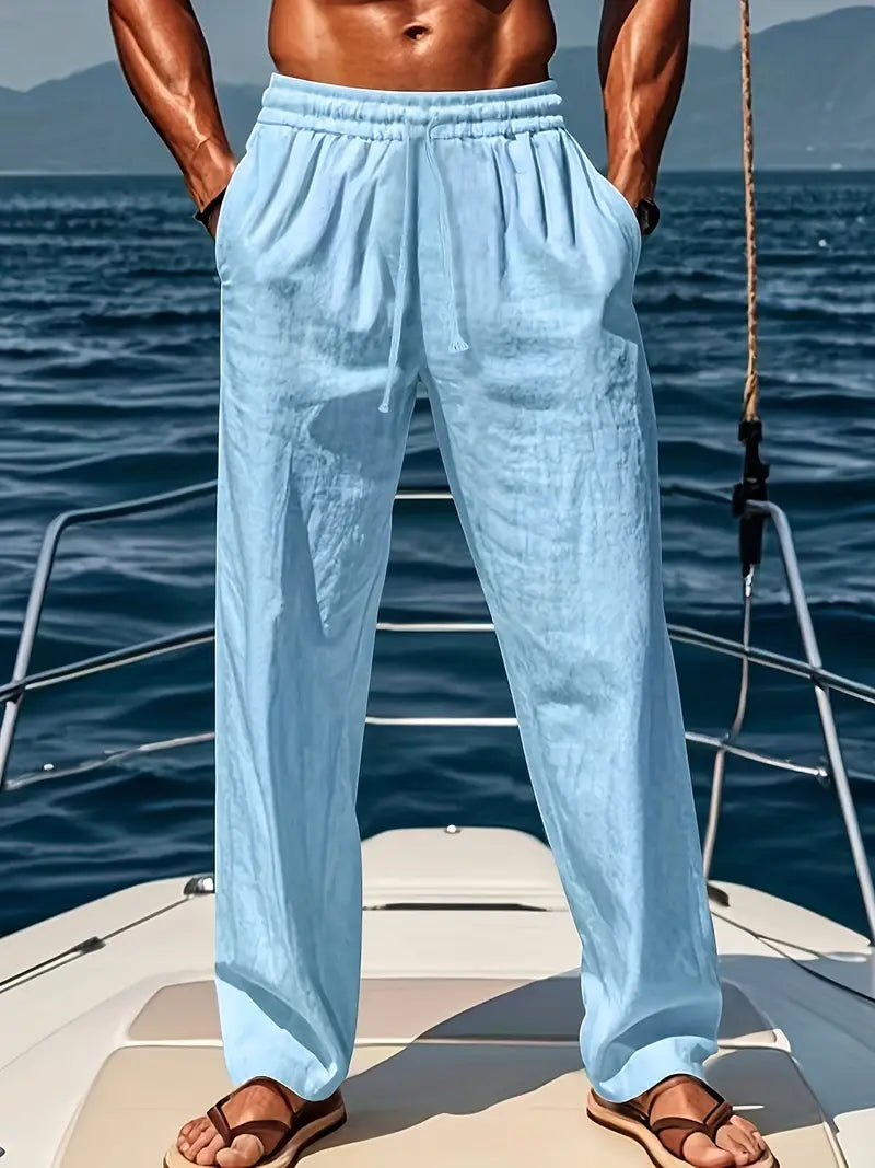 Herren Leinenhose, weite Passform, beige, luftig, eleganter Look, perfekt für Sommer, atmungsaktiv und bequem.
