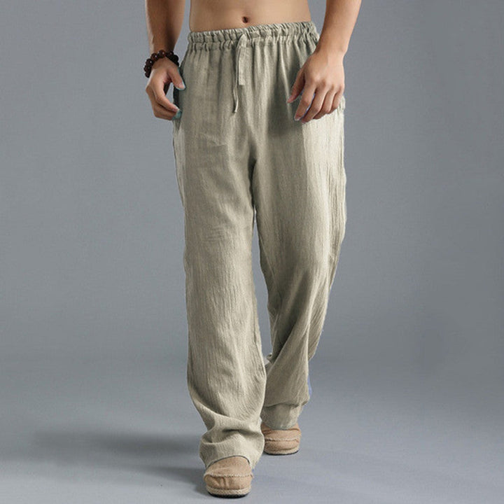 "Herren Leinenhosen groß, atmungsaktiv, beige, mit elastischem Bund, modisch und komfortabel für Freizeit"