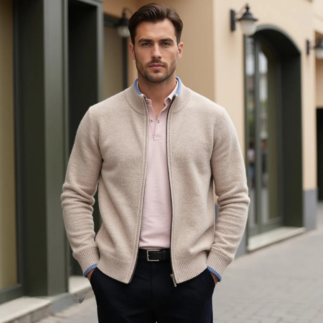 "Herren Merino Wolle Strickjacke mit Reißverschluss, grau meliert, komfortabel, atmungsaktiv, ideal für verschiedene Anlässe.