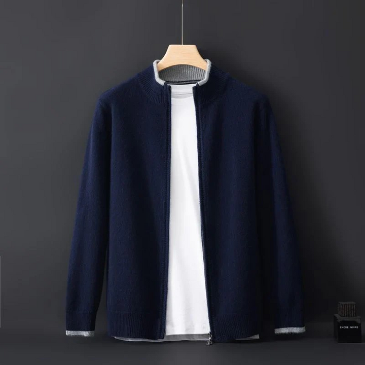 "Herren Merino Wolle Strickjacke mit Reißverschluss, grau meliert, komfortabel, atmungsaktiv, ideal für verschiedene Anlässe.