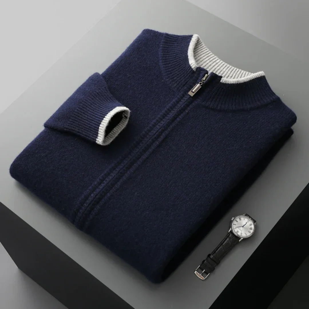 "Herren Merino Wolle Strickjacke mit Reißverschluss, grau meliert, komfortabel, atmungsaktiv, ideal für verschiedene Anlässe.