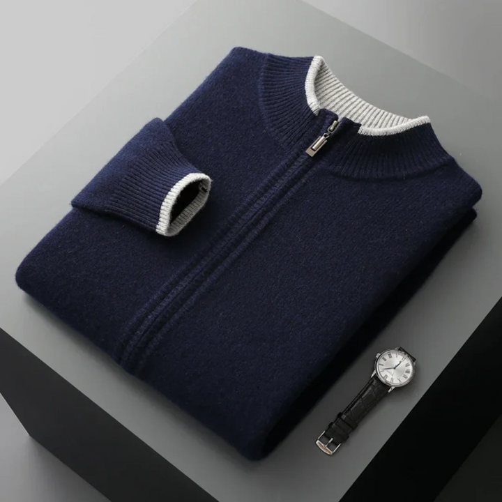 "Herren Merino Wolle Strickjacke mit Reißverschluss, grau meliert, komfortabel, atmungsaktiv, ideal für verschiedene Anlässe.