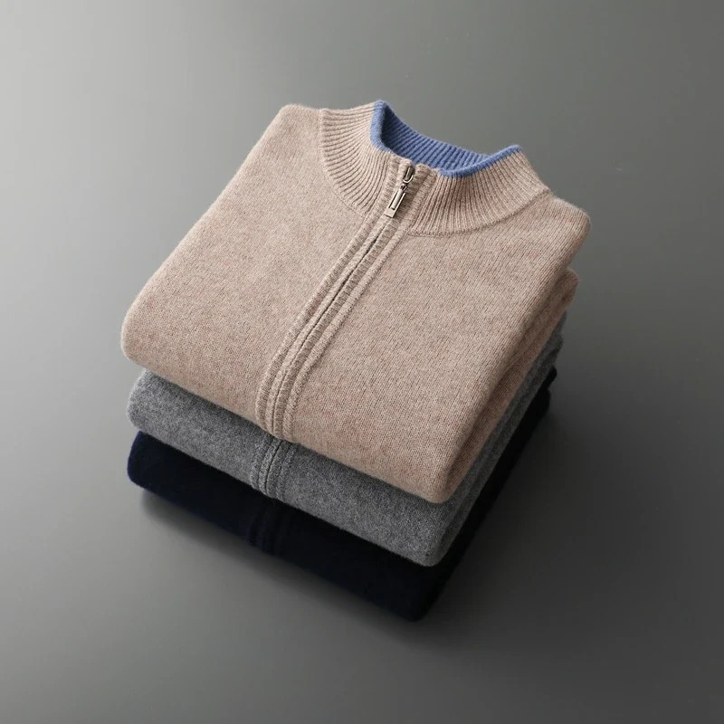 "Herren Merino Wolle Strickjacke mit Reißverschluss, grau meliert, komfortabel, atmungsaktiv, ideal für verschiedene Anlässe.