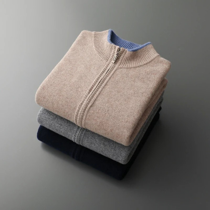 "Herren Merino Wolle Strickjacke mit Reißverschluss, grau meliert, komfortabel, atmungsaktiv, ideal für verschiedene Anlässe.