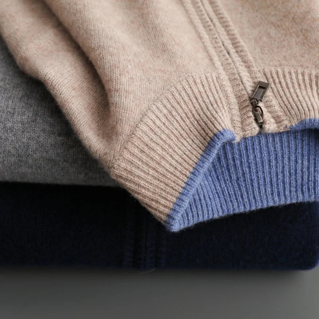 "Herren Merino Wolle Strickjacke mit Reißverschluss, grau meliert, komfortabel, atmungsaktiv, ideal für verschiedene Anlässe.