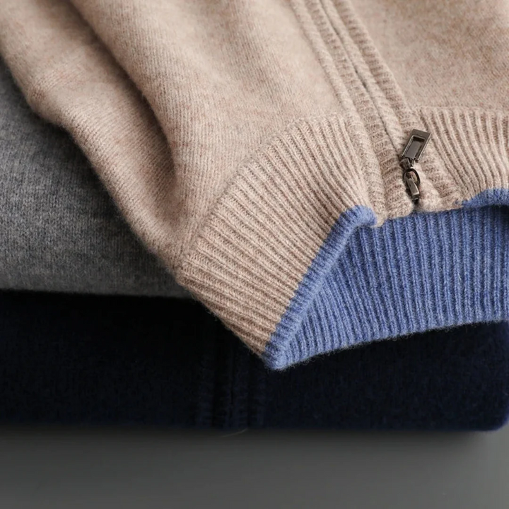 "Herren Merino Wolle Strickjacke mit Reißverschluss, grau meliert, komfortabel, atmungsaktiv, ideal für verschiedene Anlässe.