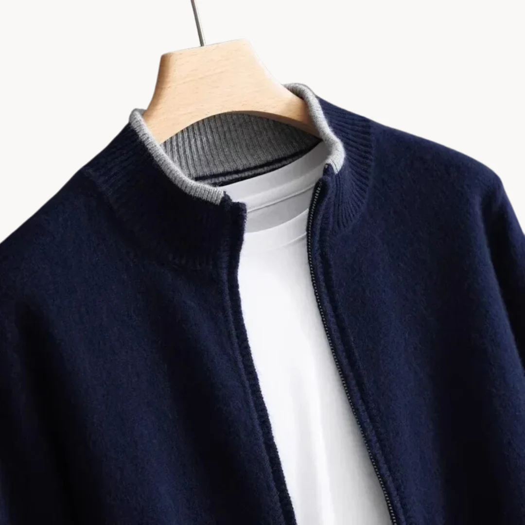 "Herren Merino Wolle Strickjacke mit Reißverschluss, grau meliert, komfortabel, atmungsaktiv, ideal für verschiedene Anlässe.