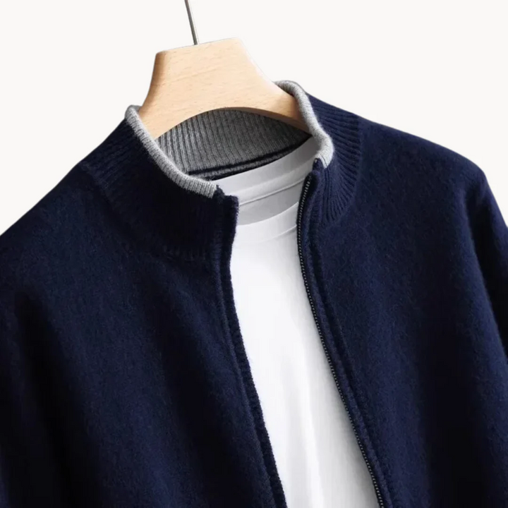 "Herren Merino Wolle Strickjacke mit Reißverschluss, grau meliert, komfortabel, atmungsaktiv, ideal für verschiedene Anlässe.