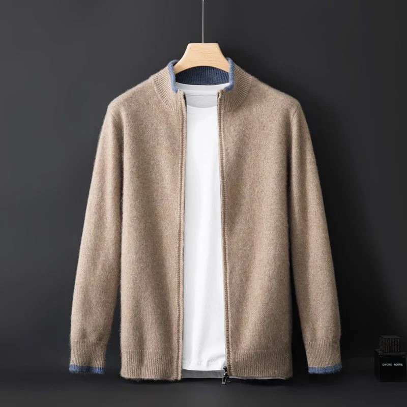 "Herren Merino Wolle Strickjacke mit Reißverschluss, grau meliert, komfortabel, atmungsaktiv, ideal für verschiedene Anlässe.